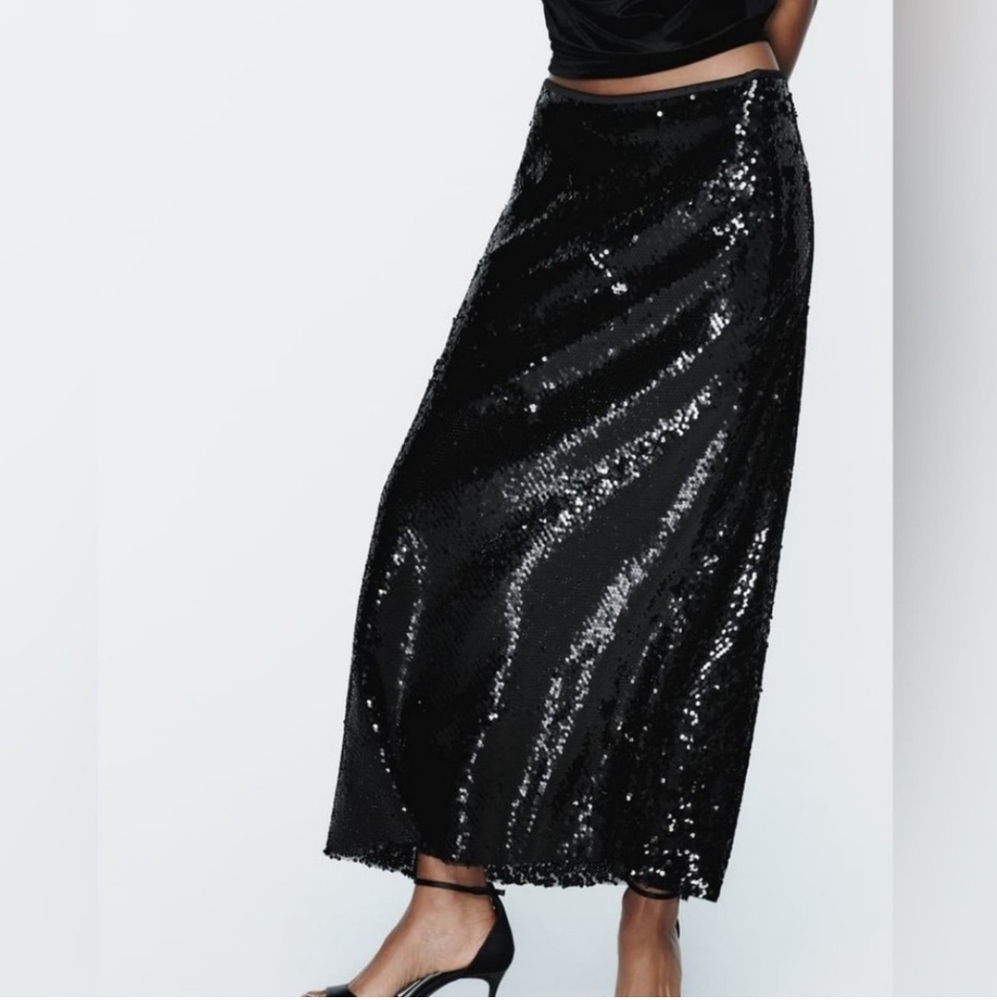 ZARA SEQUIN MIDI SKIRT size XS Black - Picture 9 of 13